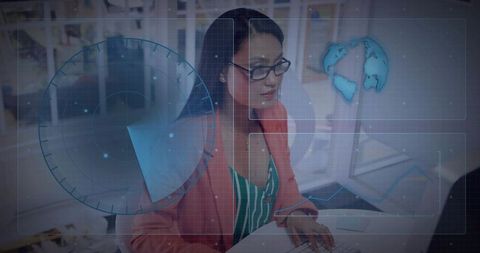 Businesswoman working with augmented analytics dashboard and radar interface in modern office