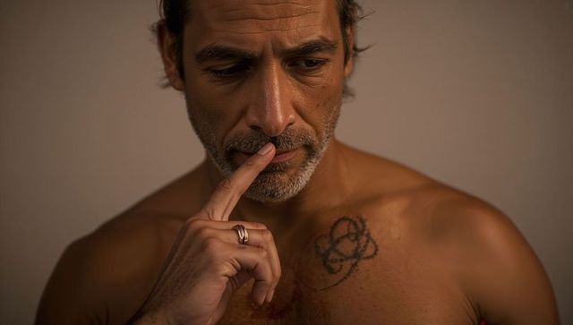 Contemplating mature man pressing finger to lips showing chest tattoo and ring