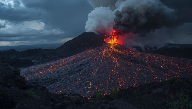 Molten lava cascading down volcanic flank during dramatic twilight eruption with ash plume
