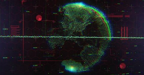 Holographic Point-Cloud Globe with Neon HUD Waveform and Cyberpunk Data Visualization