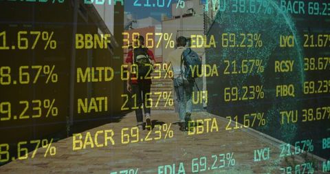 Two Friends Connected in Urban Adventure with Futuristic Data Overlay