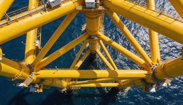 Sunlit yellow offshore jacket rising over deep blue ocean with geometric steel girders