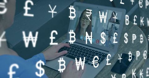 Remote finance collaboration during video conference with floating global currency symbols