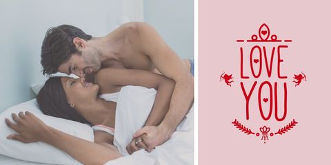 Romantic Couple Embracing in Bedroom with Love Sign