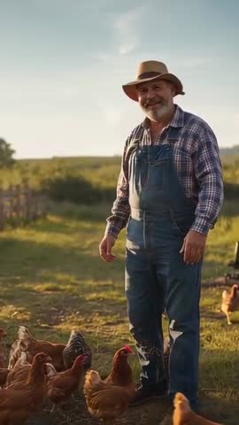 Smiling farmer standing in straw hat among free-range hens on sunlit pasture vertical video