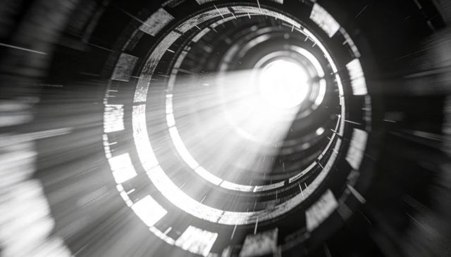 Monochrome metal tunnel with radiating concentric rings and bright central light