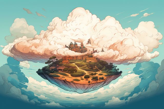 This conceptual illustration features a floating island suspended in airy cloud formations against a blue sky. The island houses a picturesque medieval town with quaint buildings and lush greenery. Ideal for use in fantasy, sci-fi, or storybook projects, it evokes a sense of wonder and imagination. Suitable for book covers, gamel landscapes, or children's stories about magical lands.
