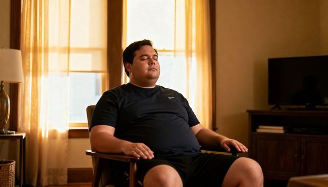Man relaxing in sunlit living room chair practicing mindfulness and deep breathing