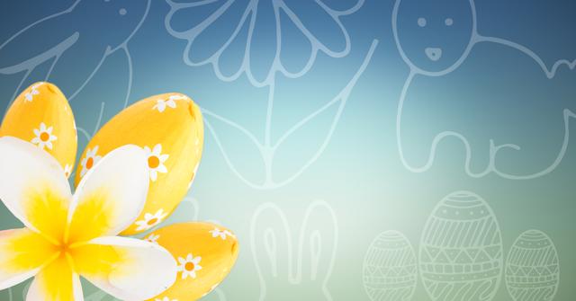 Digital composite of Yellow flower and eggs against blue green easter pattern