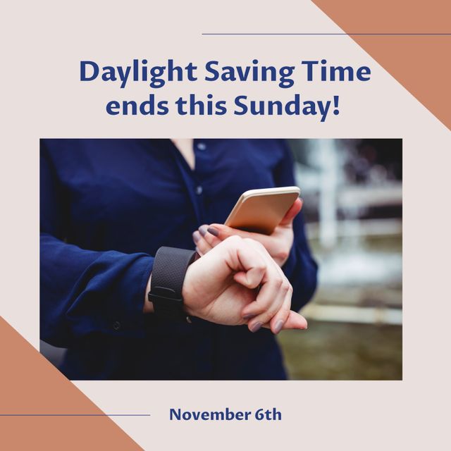 Composition of daylight saving time ends this sunday text with caucasian woman using smartphone. Daylight saving time and celebration concept digitally generated image.