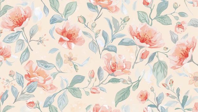 Peach pink watercolor floral seamless pattern with teal leaves for wallpaper and textile
