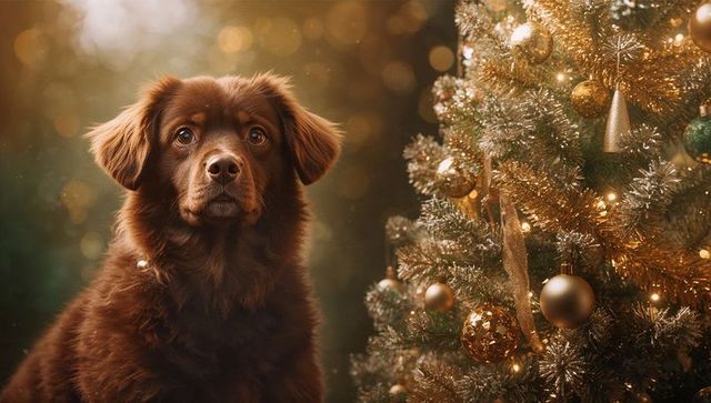 Festive brown dog with sparkling christmas tree decor