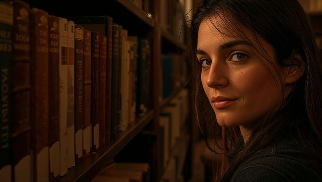 Young woman browsing books in warm library aisle, intimate portrait with moody lighting