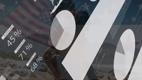 Financial Data and Graphs Overlay on USA Flag and Outdoor Couple
