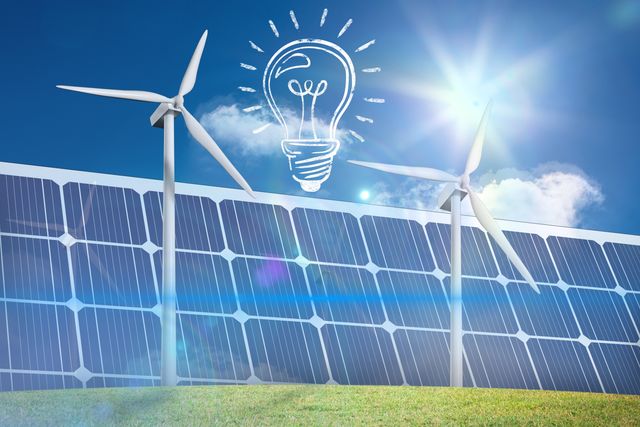 Illustrating the concepts of renewable energy, this vibrant image features solar panels and wind turbines under a clear, sunny sky with a doodled lightbulb graphic symbolizing innovative eco-friendly solutions. Suitable for presentations, educational materials, and promotional content on sustainability and clean energy solutions.