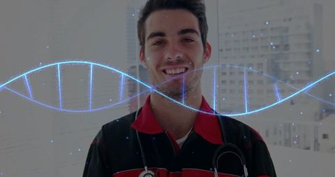Caucasian male paramedic smiling behind dna strand hologram