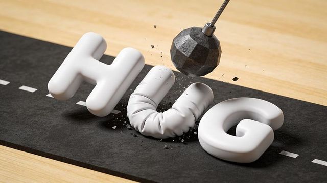 Wrecking ball crushing soft letter u between bold h and g, typography concept