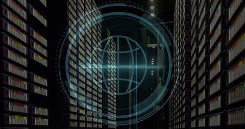 Cyber Security Concept in Server Room with Digital Overlay