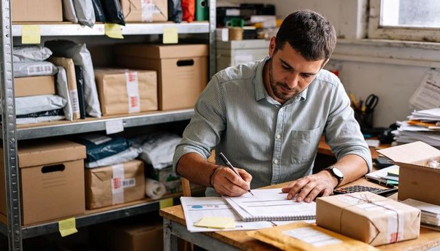 Small business owner filling shipping forms in busy packing workspace
