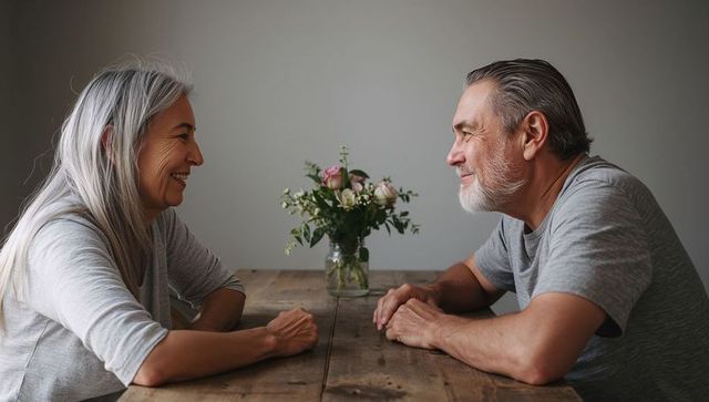 Senior couple leaning across rustic wooden table smiling with pale pink bouquet