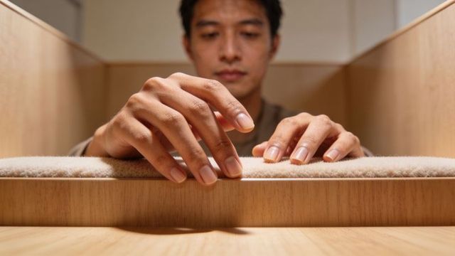Asian man testing plush stair carpet padding with hands on light wood stair for texture
