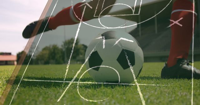 Soccer player preparing to kick ball on a grass field with a strategy diagram overlay. Ideal for sports strategies, coaching tips, team collaboration, physical activities, and sports promotion. Excellent for use in ads, training materials, and sports education.