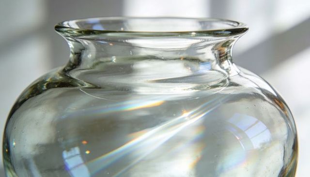 Glass vase casting prism light rays through flared rim reflecting window panes iridescent