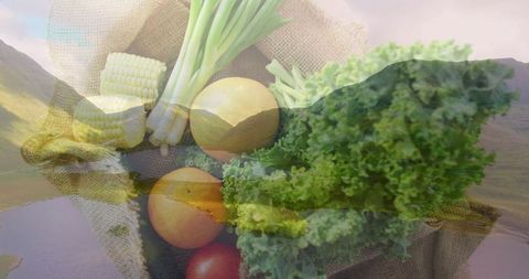 Organic produce with scenic overlap creates harvest serenity