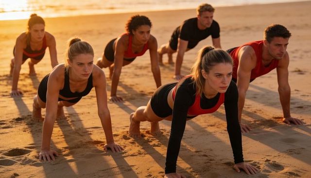 Sunrise beach bootcamp planking team training for fitness endurance and athletic strength