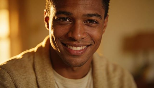 Smiling man making direct eye contact in warm golden-hour headshot, cozy cardigan