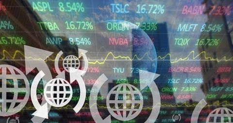 Digital stock market with global connectivity symbols and trading data