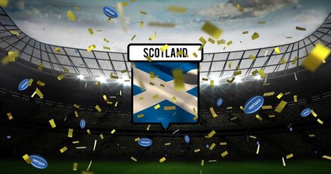 Scotland Flag with Confetti and Rugby Balls in Stadium
