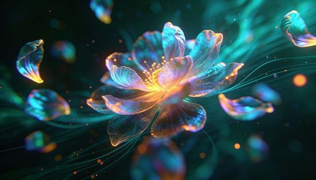Glowing iridescent flower floating in dark teal void with drifting luminous petals