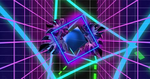 Rotating neon frame revealing reflective diamond in synthwave cyber grid retro tech