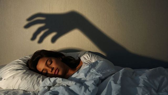 Sleeping woman under covers with ominous shadow hand on wall conveying fear and anxiety