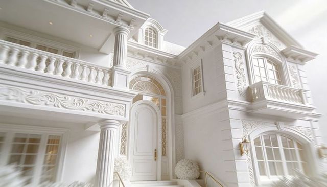 Neoclassical white mansion entrance with fluted columns, balustrade, brass lanterns