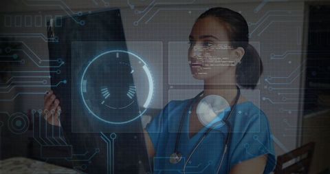 Doctor Analyzing X-Ray with Digital Interface Innovation