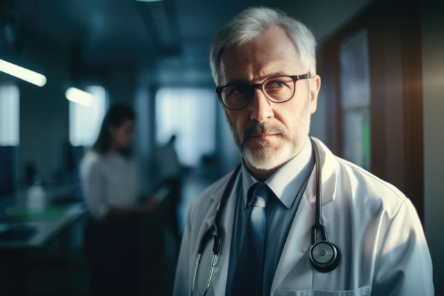 Thoughtful caucasian male doctor with glasses in office, created using generative ai technology. Medicine, healthcare, digitally generated image.