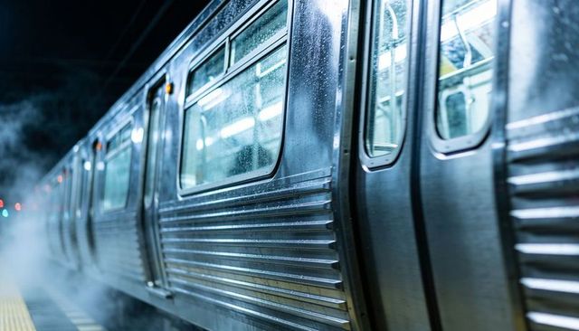 Stainless-steel subway train reflecting interior lights and rising steam on night platform