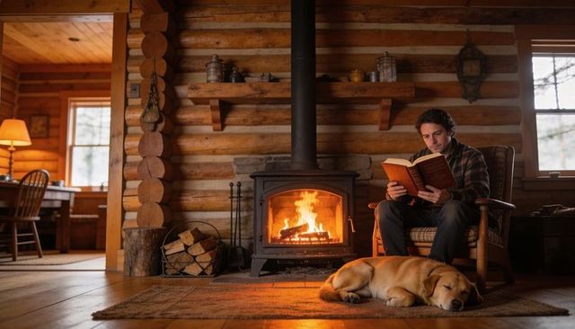 Man reading by wood stove in rustic log cabin with sleeping dog and cozy interior