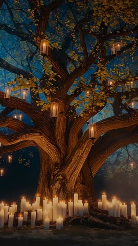 Panning vertical video of candlelit mystical tree with hanging lanterns in misty forest