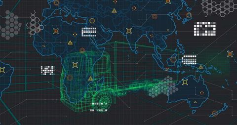 Neon Wireframe Truck and Trailer on Global HUD Grid for Fleet Logistics Visualization