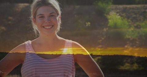 Cheerful Woman Enjoying Sunset Serenity Outdoors