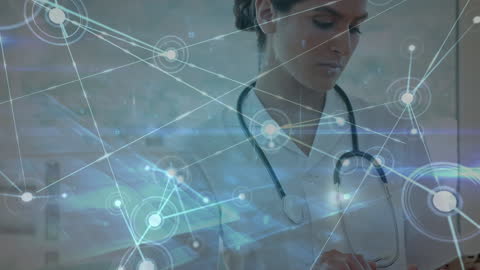 Female Doctor Using Tablet with Digital Connectivity Overlay