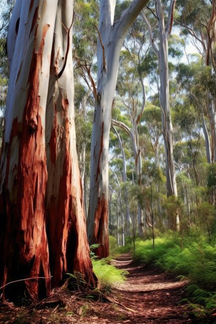 A serene forest path winds through towering eucalyptus trees. The peeling bark and lush undergrowth create a tranquil outdoor setting for nature enthusiasts.