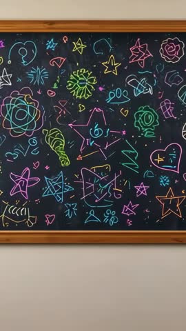 Vertical classroom chalkboard video showing neon doodles and colorful hand-drawn shapes