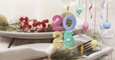 Festive New Year 2025 Decor with Hanging Ornaments - Download Free Stock Images Pikwizard.com