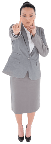 Transparent Focused Asian Businesswoman Pointing Finger