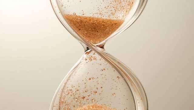 Elegant hourglass with flowing sand on neutral background