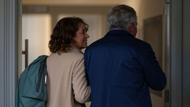 Couple walking into warm lit corridor wearing beige and navy coats carrying teal backpack